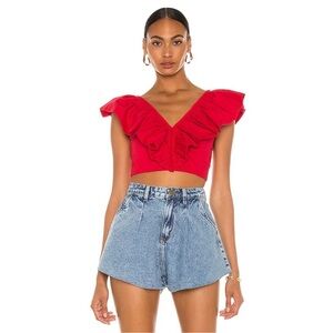 Iorane Top Red Ruffles Crop Flutter Sleeve Coquette Resort Vacation Blouse